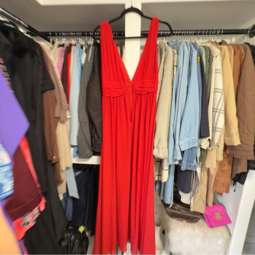 Lulu's Red Pleated Maxi Gown Plunge Neckline